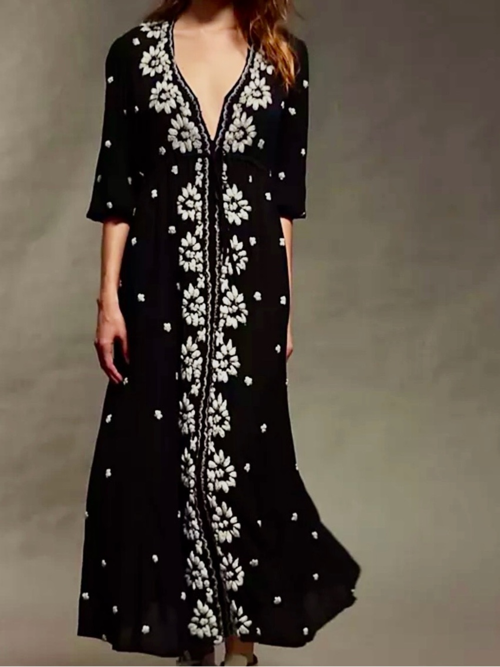 Embroidered Fable V Neck Black Maxi Dress - Elegant Floral Detail
